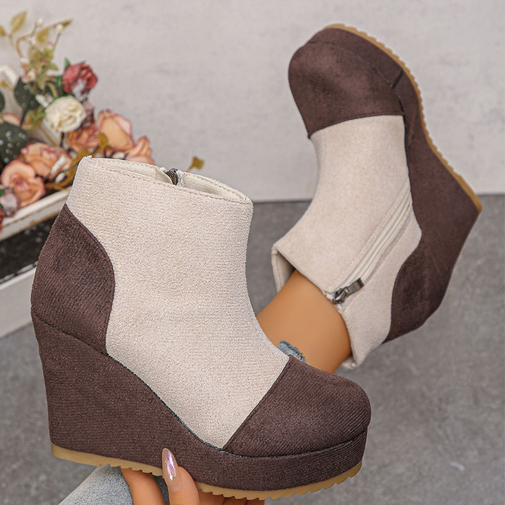 Colorblock Suede Platform Wedge Ankle Boots