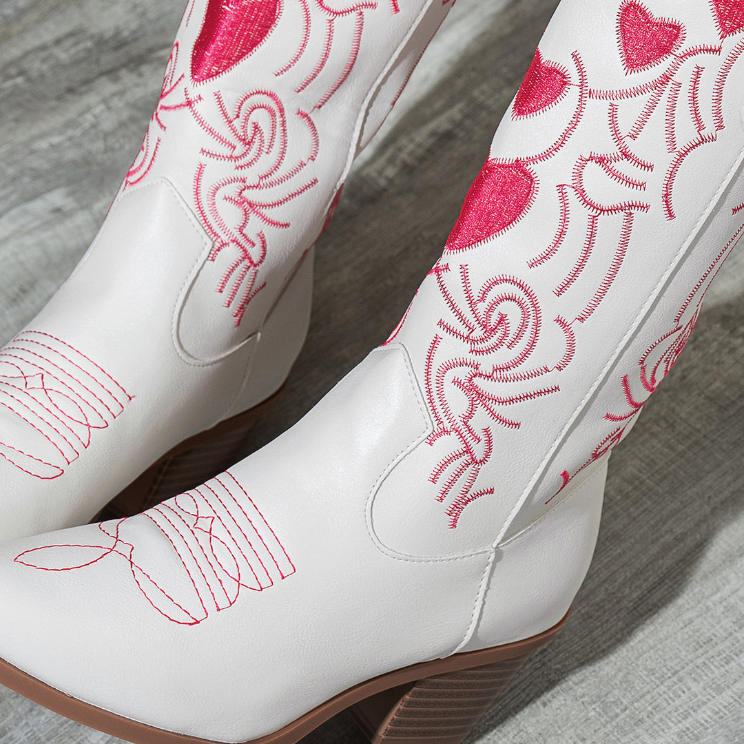 Heart Embroidered Western Cowboy Boots