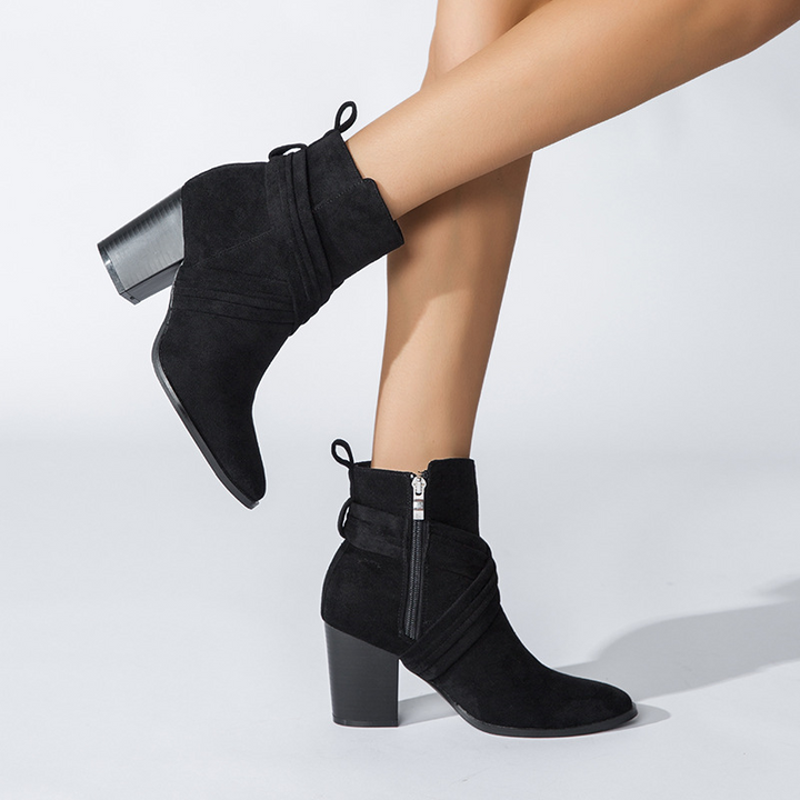 Vintage Suede Wrap Strap Block Heel Ankle Boots