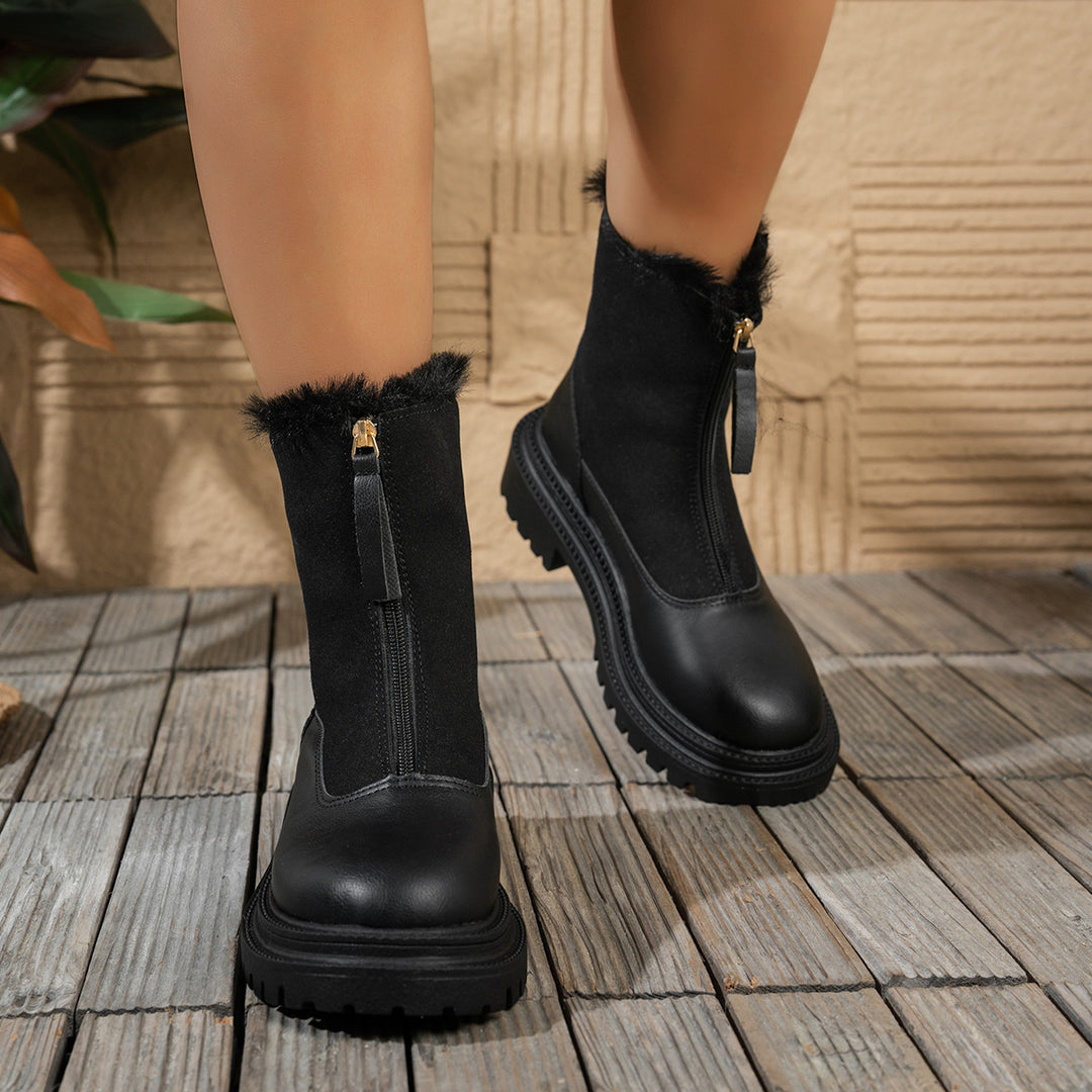 Black Faux Fur Trim Platform Ankle Boots