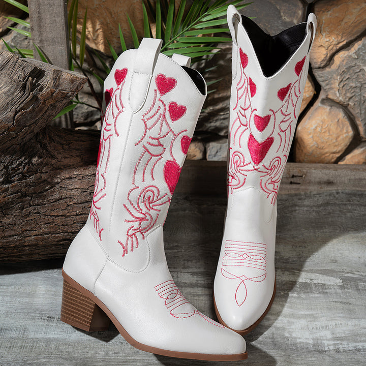 Heart Embroidered Western Cowboy Boots