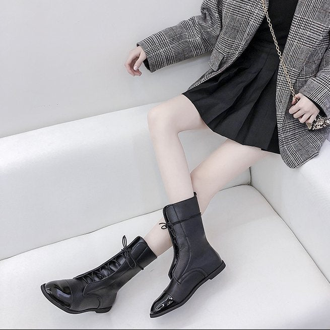 Lace-Up Cap Toe Mid-Calf Boots