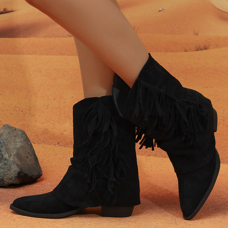 Fringe Detail Slouchy Western Ankle Boots