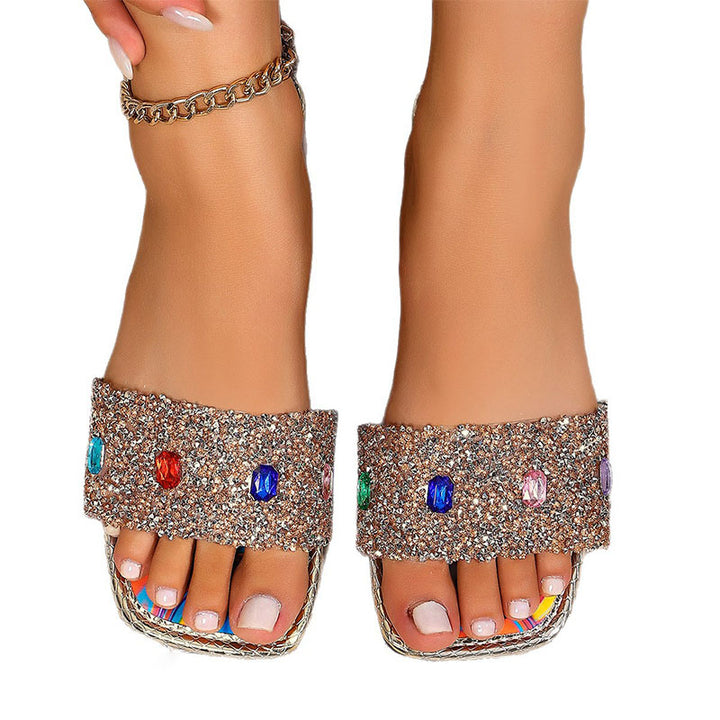 Rhinestone Square Toe Slide Sandals