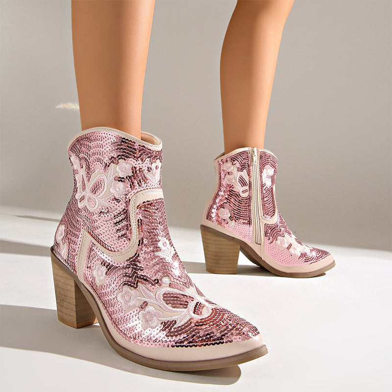 Sequin Embroidered Western Ankle Boots