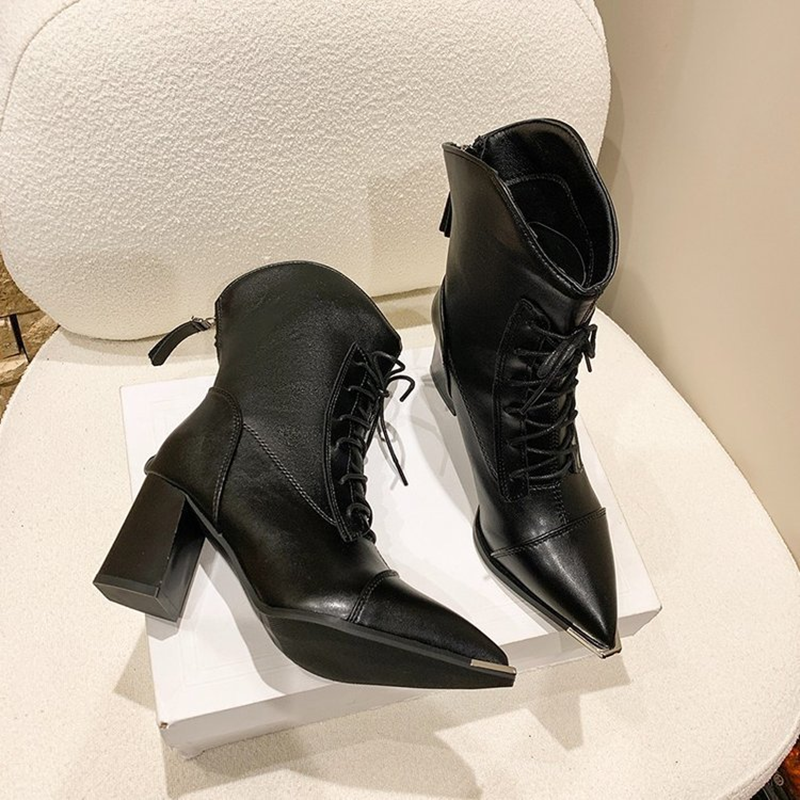 Pointed Toe Lace-Up High Heel Ankle Boots