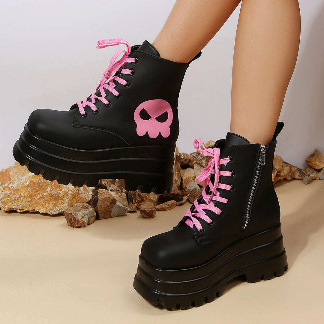 Pink Graphic Platform Lace-Up Boots