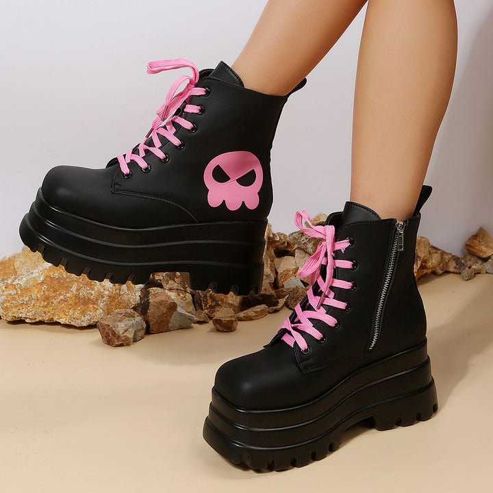 Pink Graphic Platform Lace-Up Boots