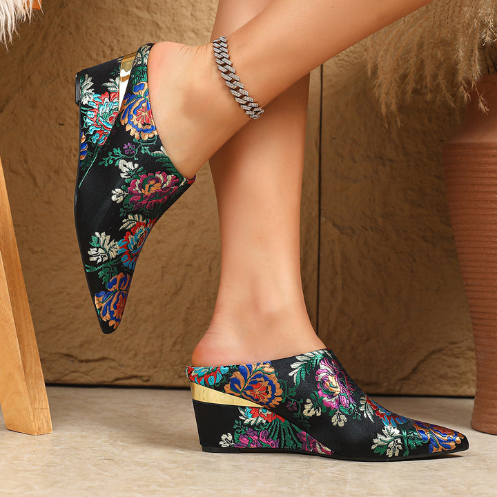 Floral Jacquard Wedge Mule Shoes