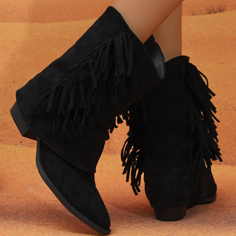 Fringe Detail Slouchy Western Ankle Boots