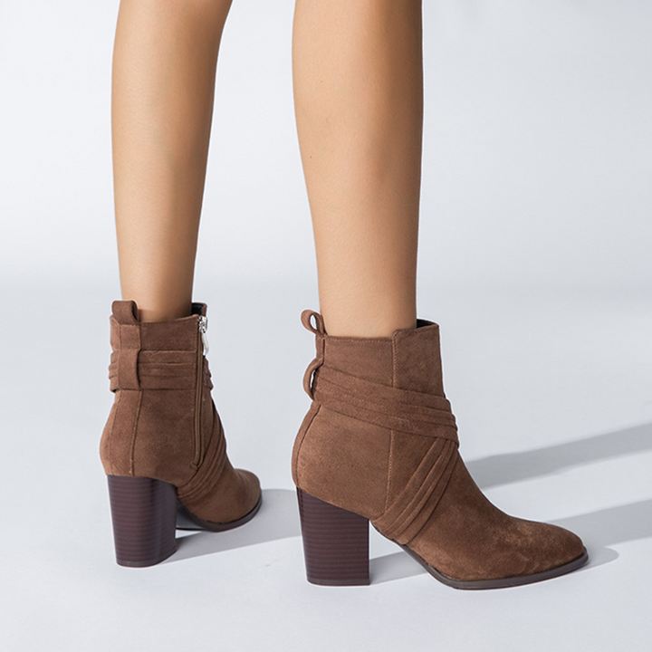Vintage Suede Wrap Strap Block Heel Ankle Boots