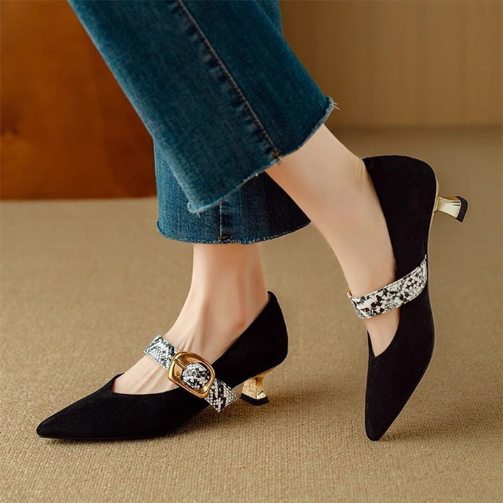 Snakeskin Buckle Pointed Toe Mule Heels