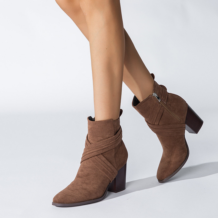 Vintage Suede Wrap Strap Block Heel Ankle Boots