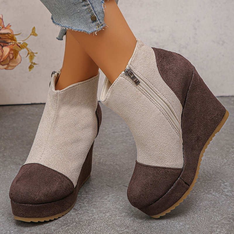 Colorblock Suede Platform Wedge Ankle Boots