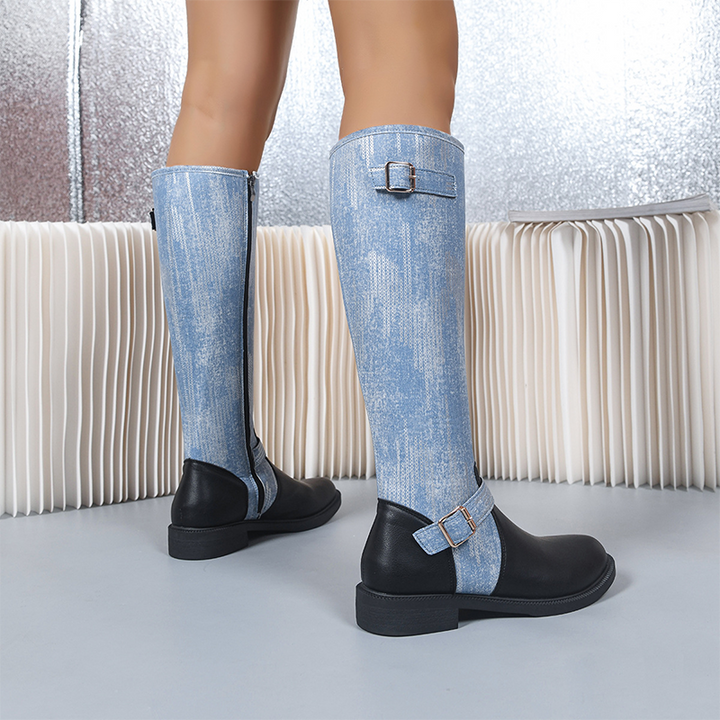 Sparkling Denim Buckle Knee-High Boots