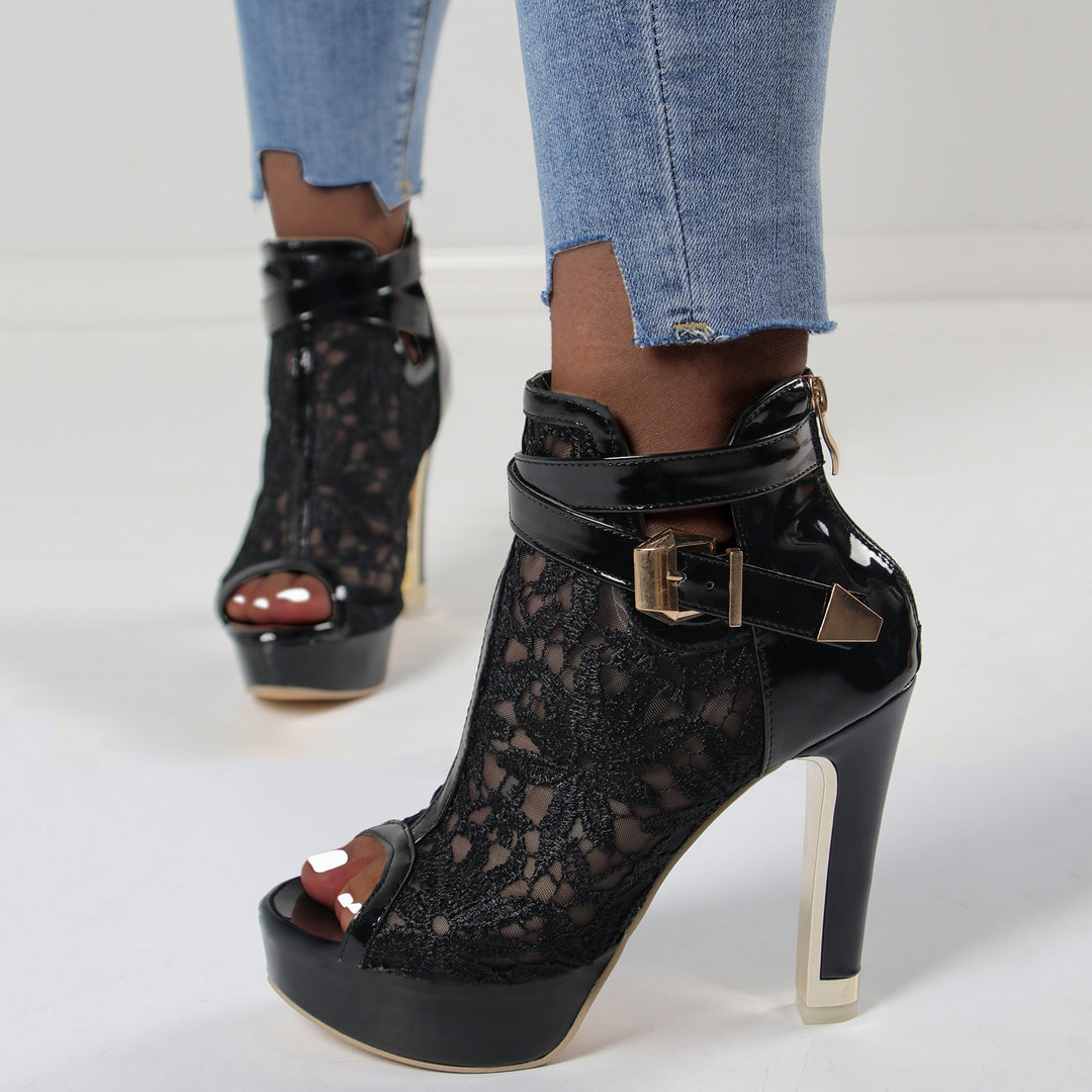 Lace Peep Toe Platform High Heel Booties