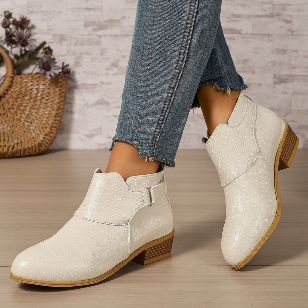 Ivory Croc-Embossed Ankle Boots