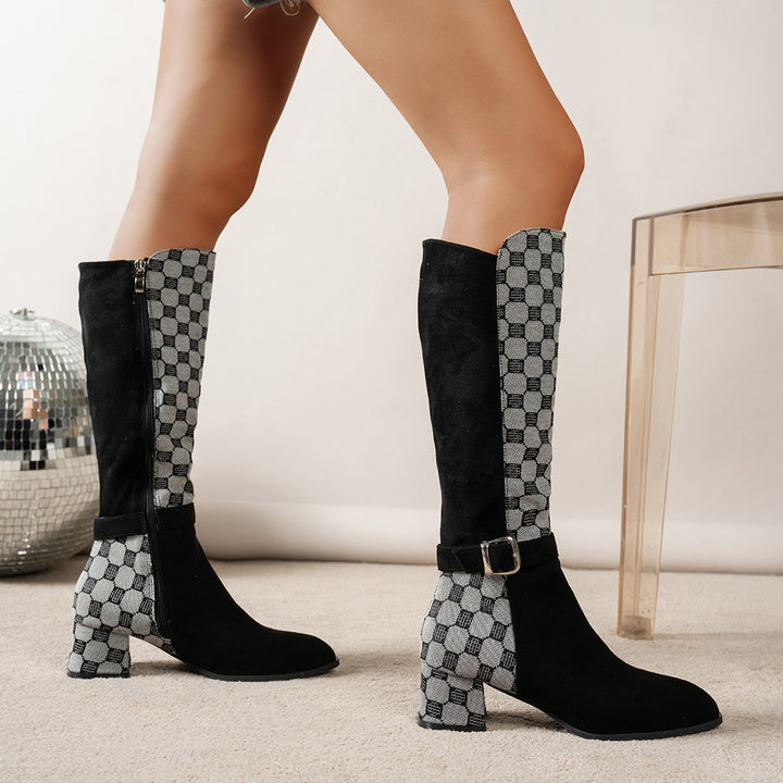 Houndstooth Knee-High Block Heel Boots