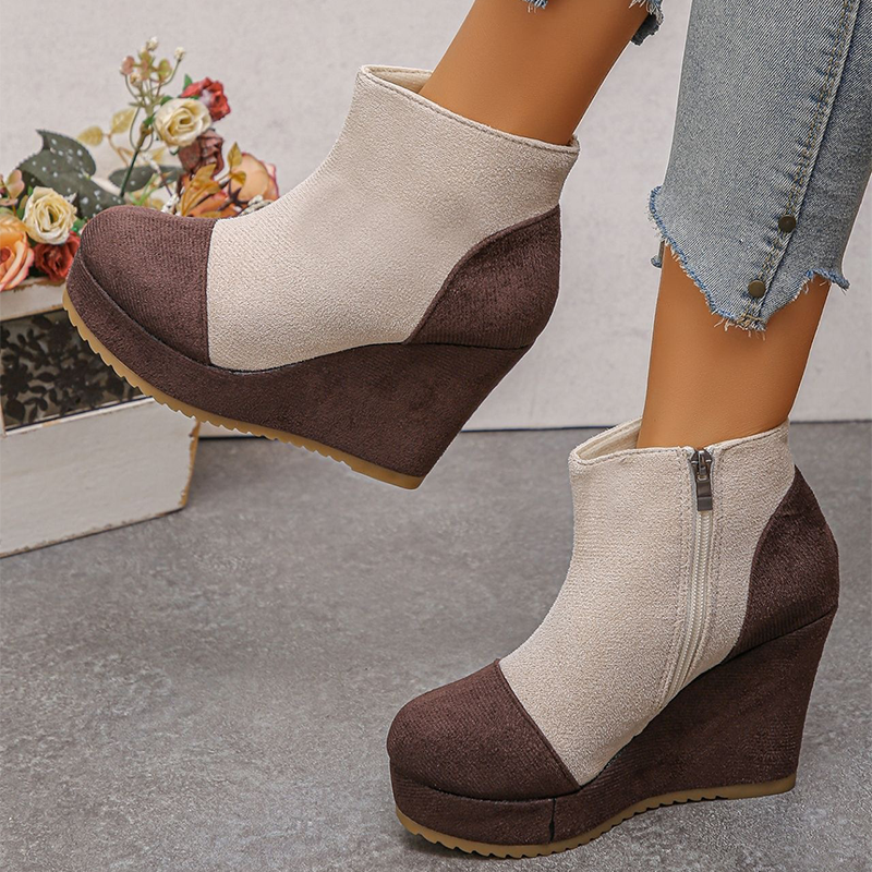 Colorblock Suede Platform Wedge Ankle Boots