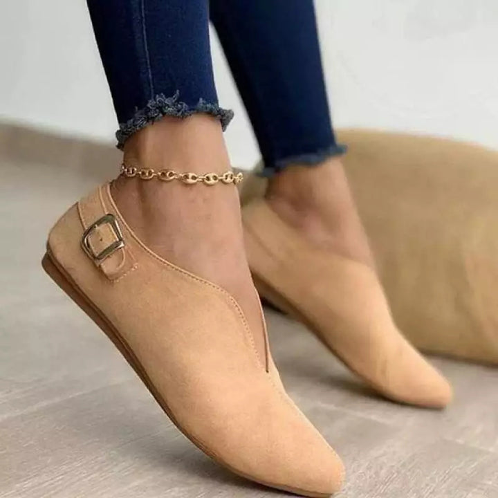 Suede V-Cut Buckle Flat Shoes