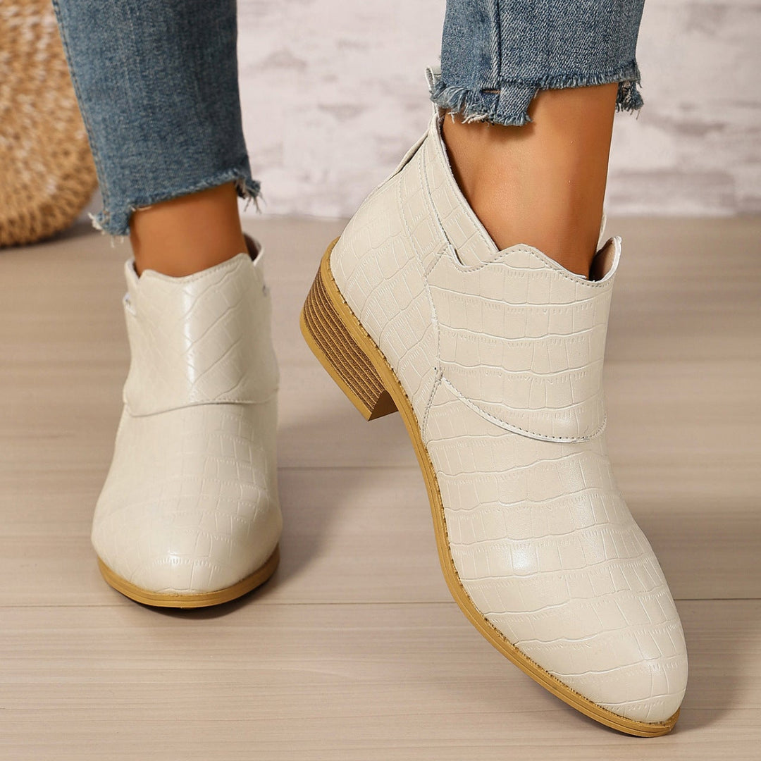 Ivory Croc-Embossed Ankle Boots