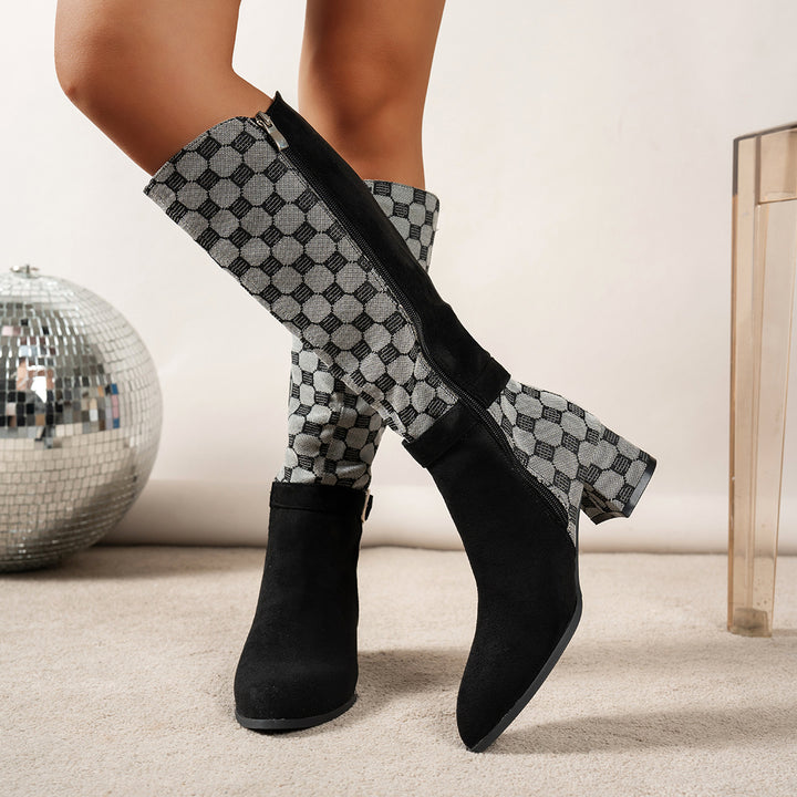 Houndstooth Knee-High Block Heel Boots