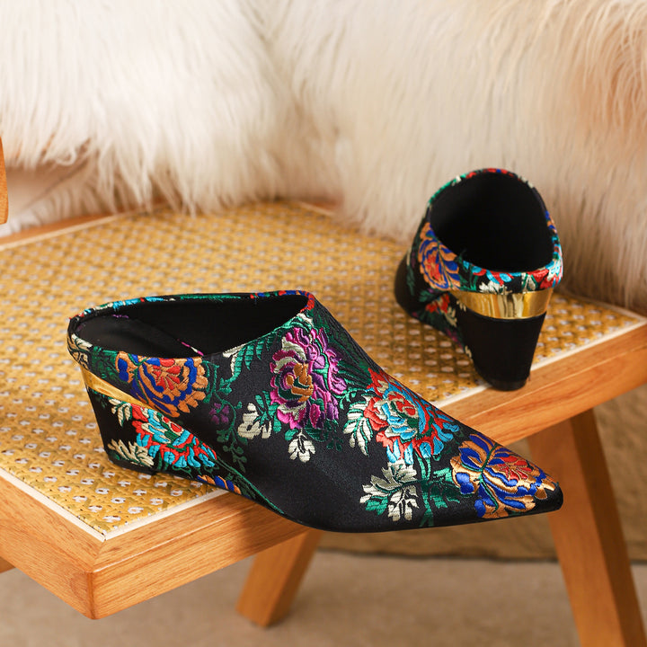 Floral Jacquard Wedge Mule Shoes