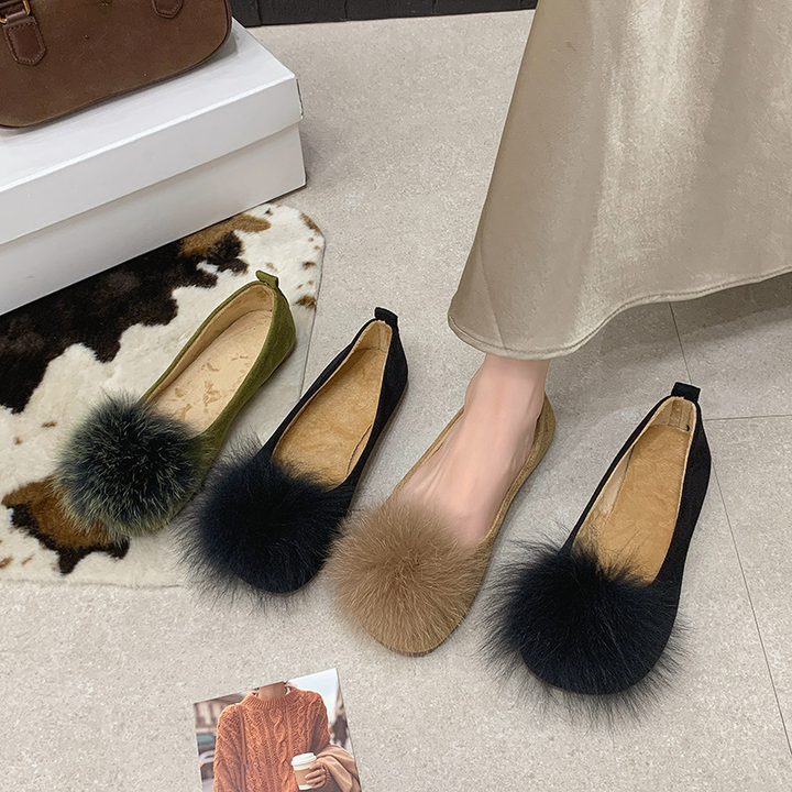 Faux Fur Pom-Pom Ballet Flats