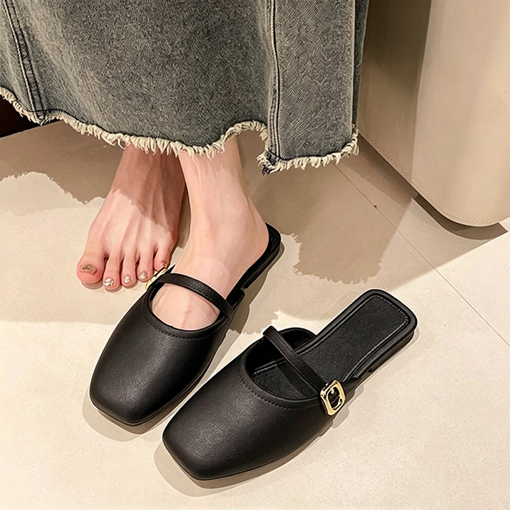 Square-Toe Mary Jane Mule Flats