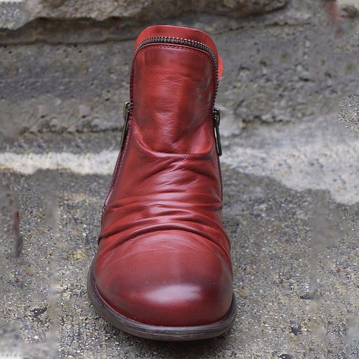 Side-zip ruched low-heel vintage ankle boots
