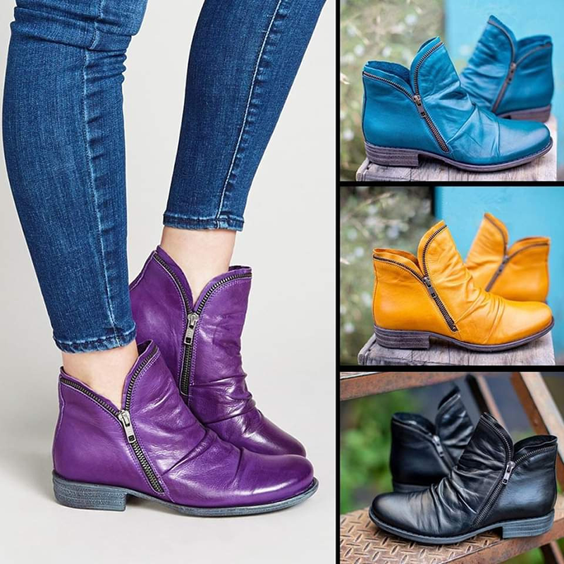 Side-zip ruched low-heel vintage ankle boots