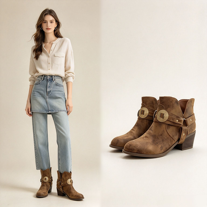 Vintage Buckle Block Heel Ankle Boots
