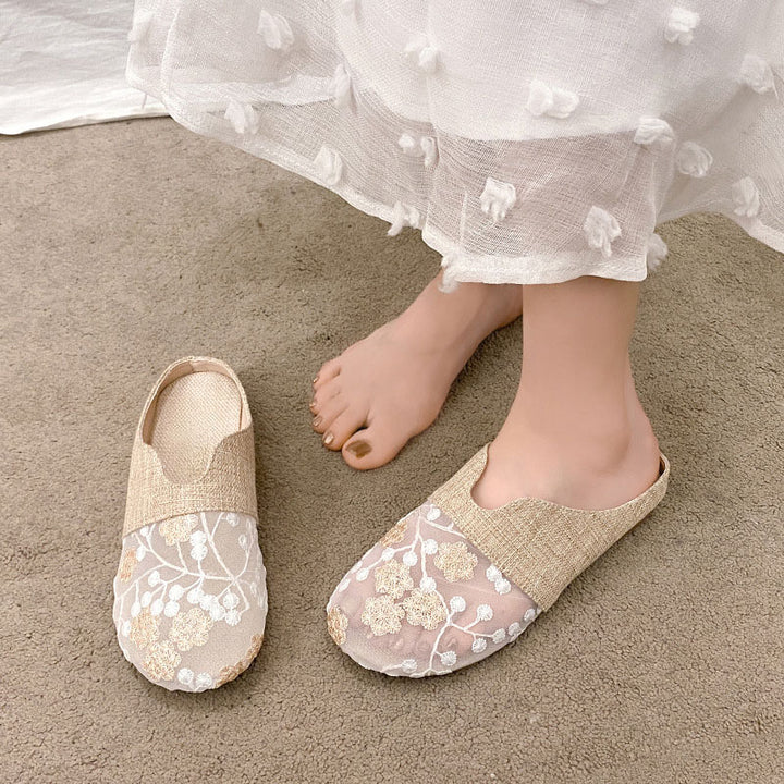 Floral Embroidered Linen Mules