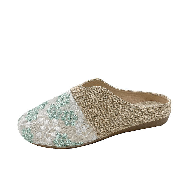 Floral Embroidered Linen Mules