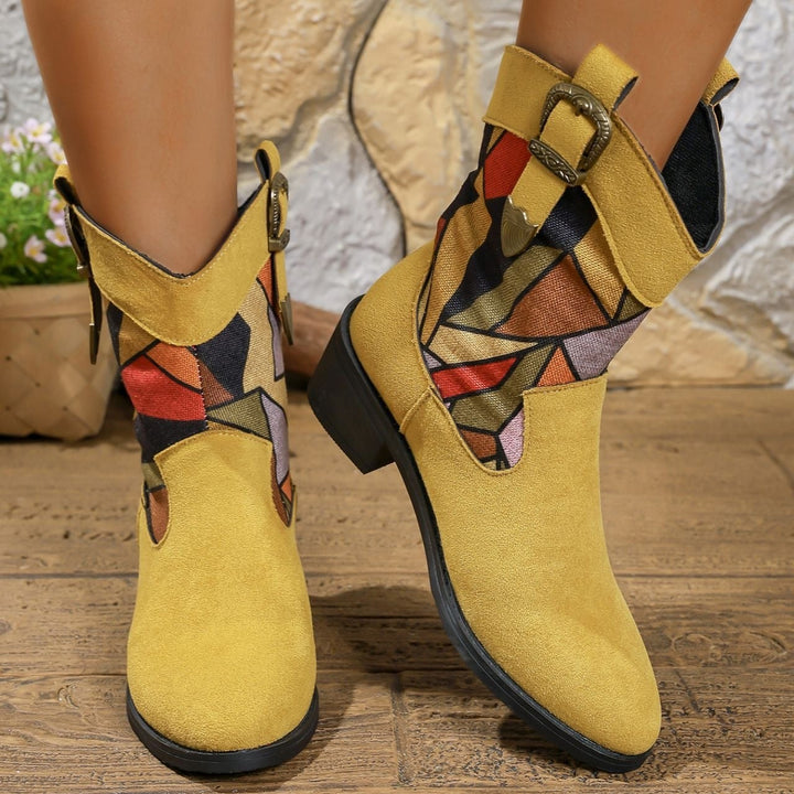 Vintage Patchwork Buckle Ankle Boots
