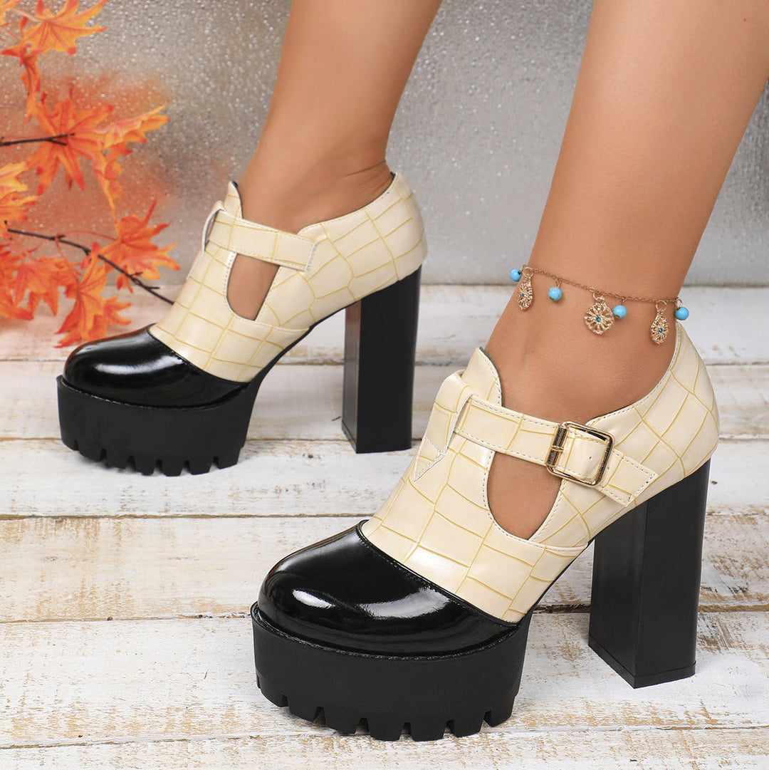 Two-Tone Platform Block Heel Pumps