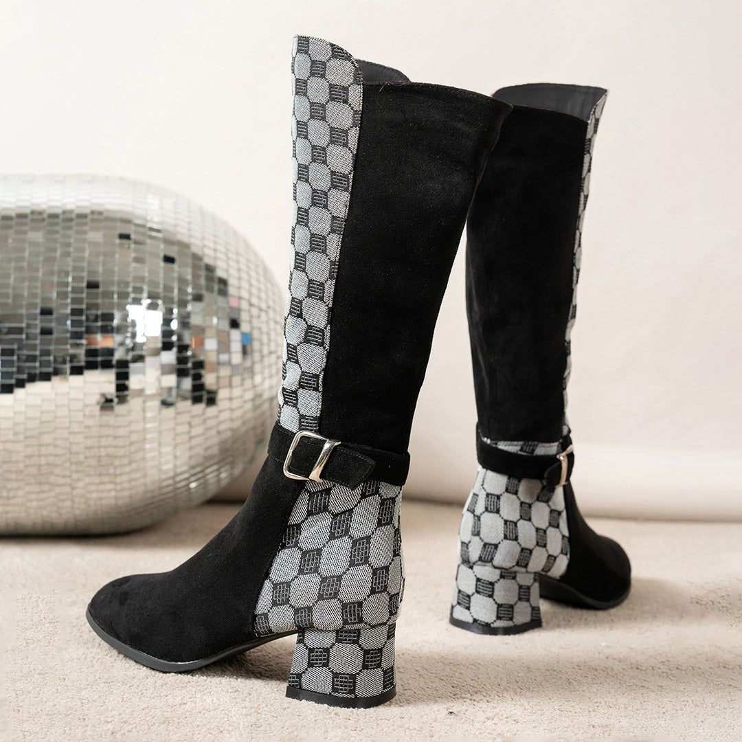 Houndstooth Knee-High Block Heel Boots