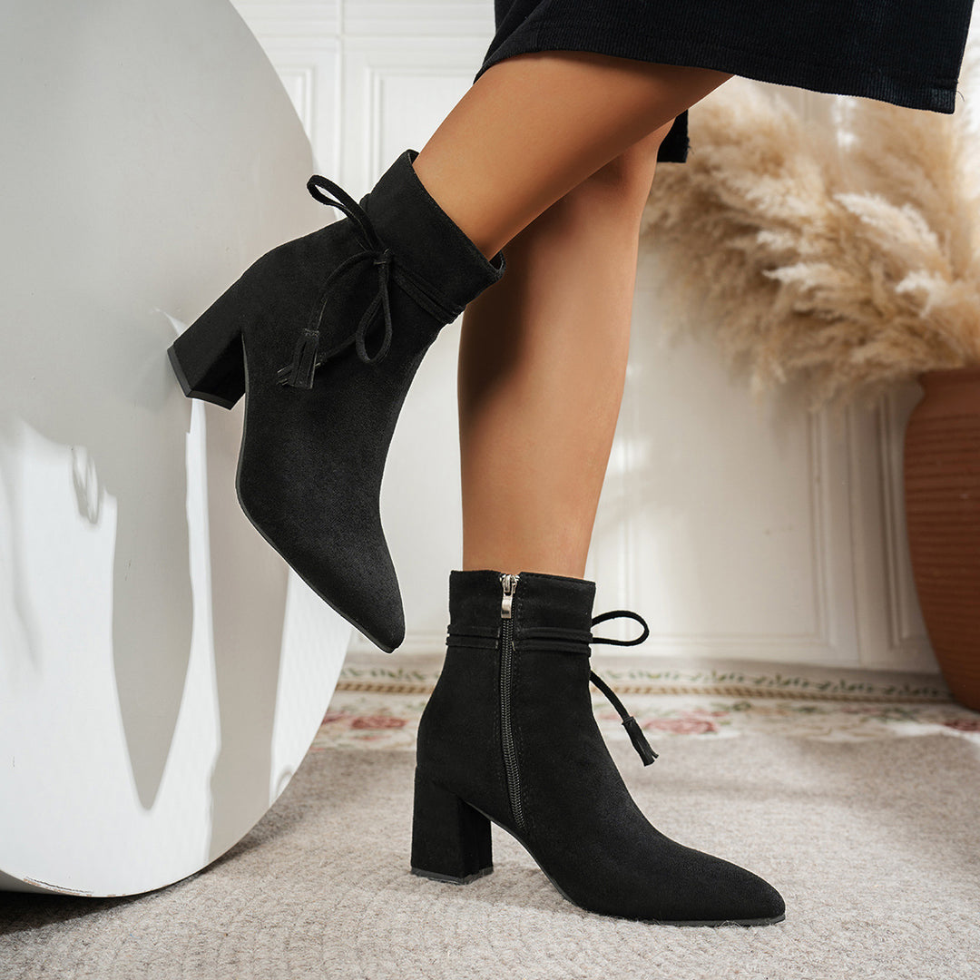 Black Tassel Ankle Boots with Block Heels