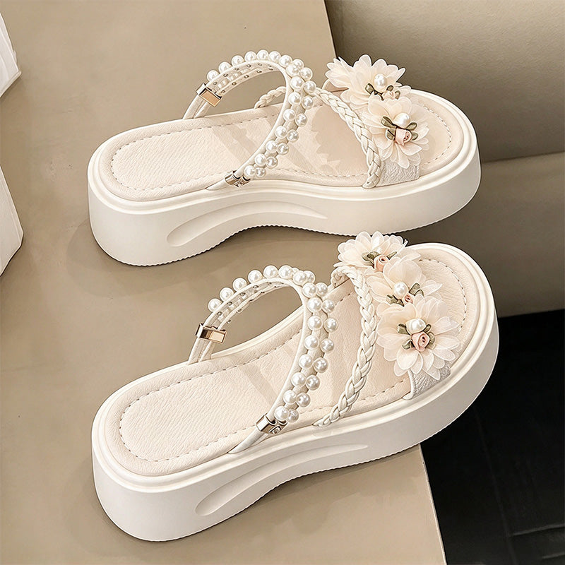 Floral Pearl Platform Wedge Sandals