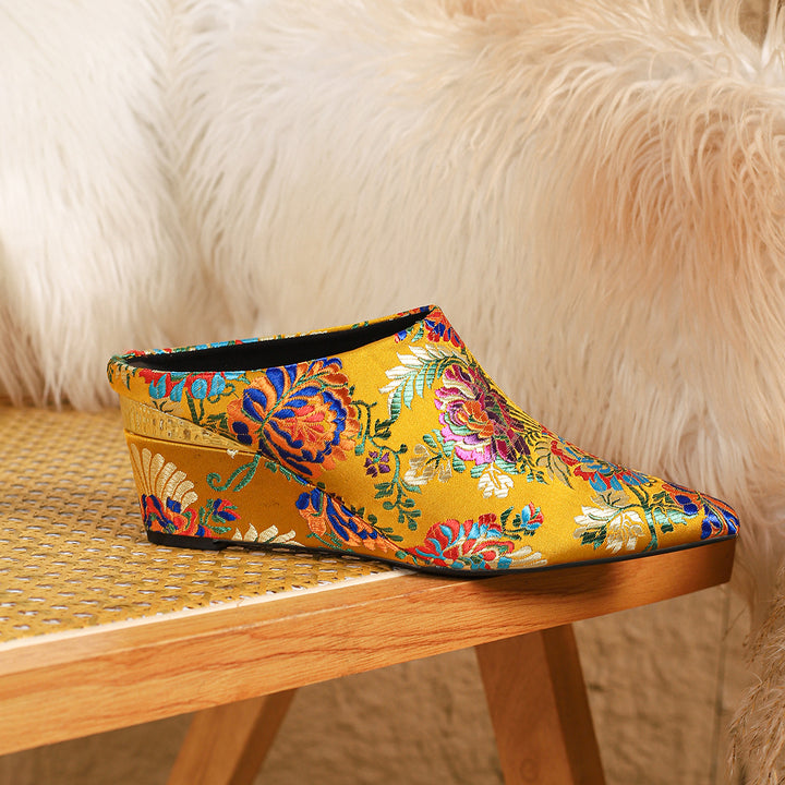 Floral Jacquard Wedge Mule Shoes