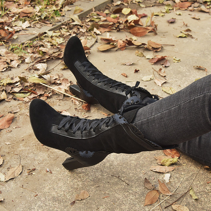 Vintage Floral Lace-Up Mid-Calf Boots
