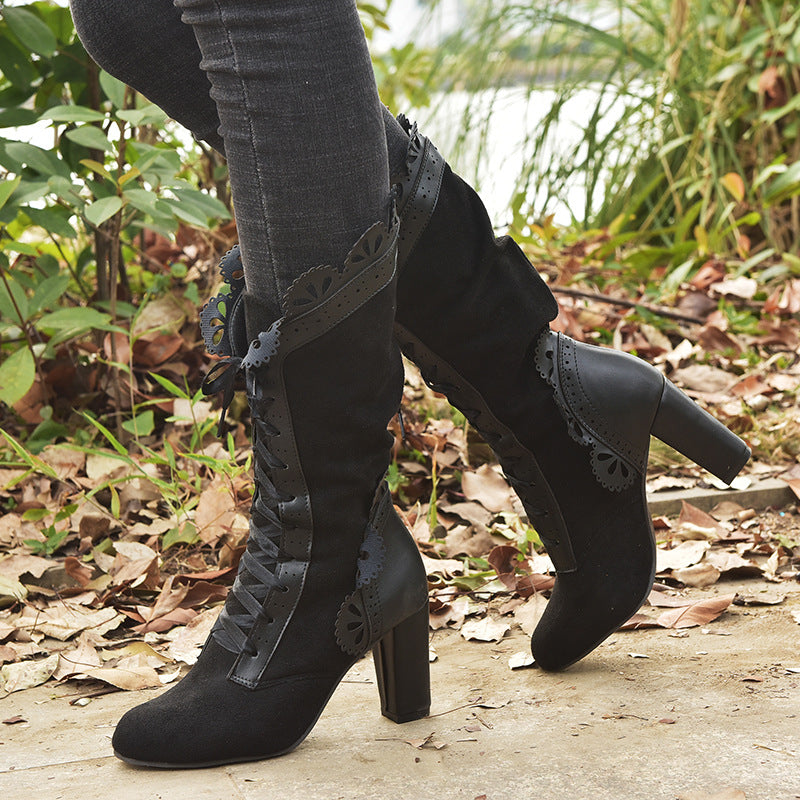 Vintage Floral Lace-Up Mid-Calf Boots