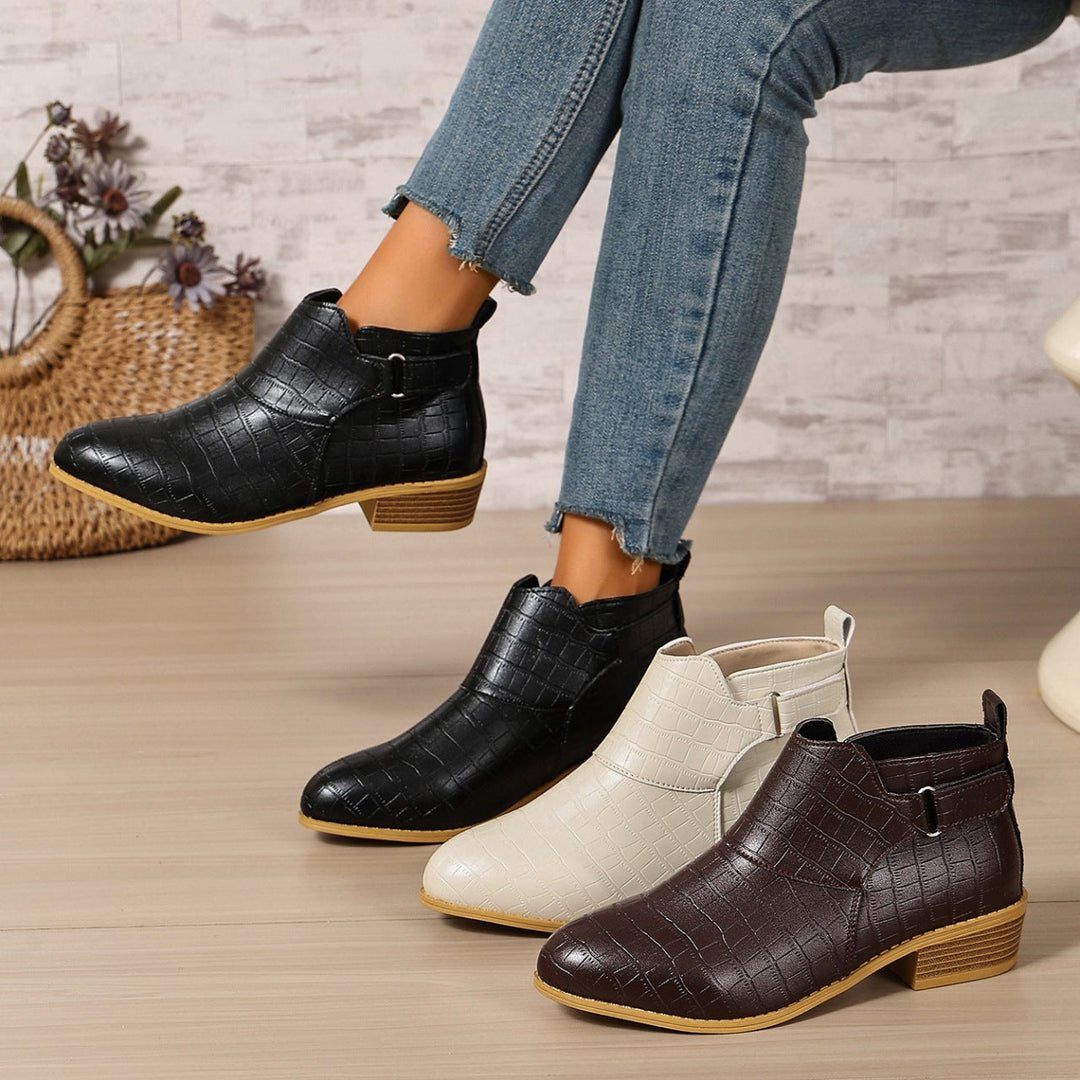 Ivory Croc-Embossed Ankle Boots