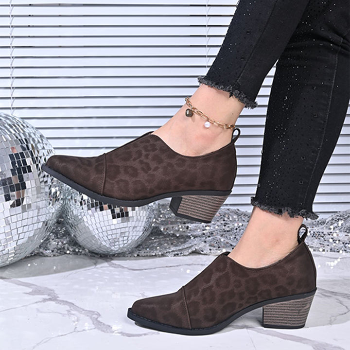 Leopard Print Pointed Toe Block Heel Shoes