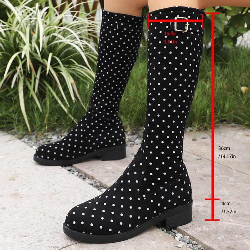 Polka Dot Buckle Knee-High Boots