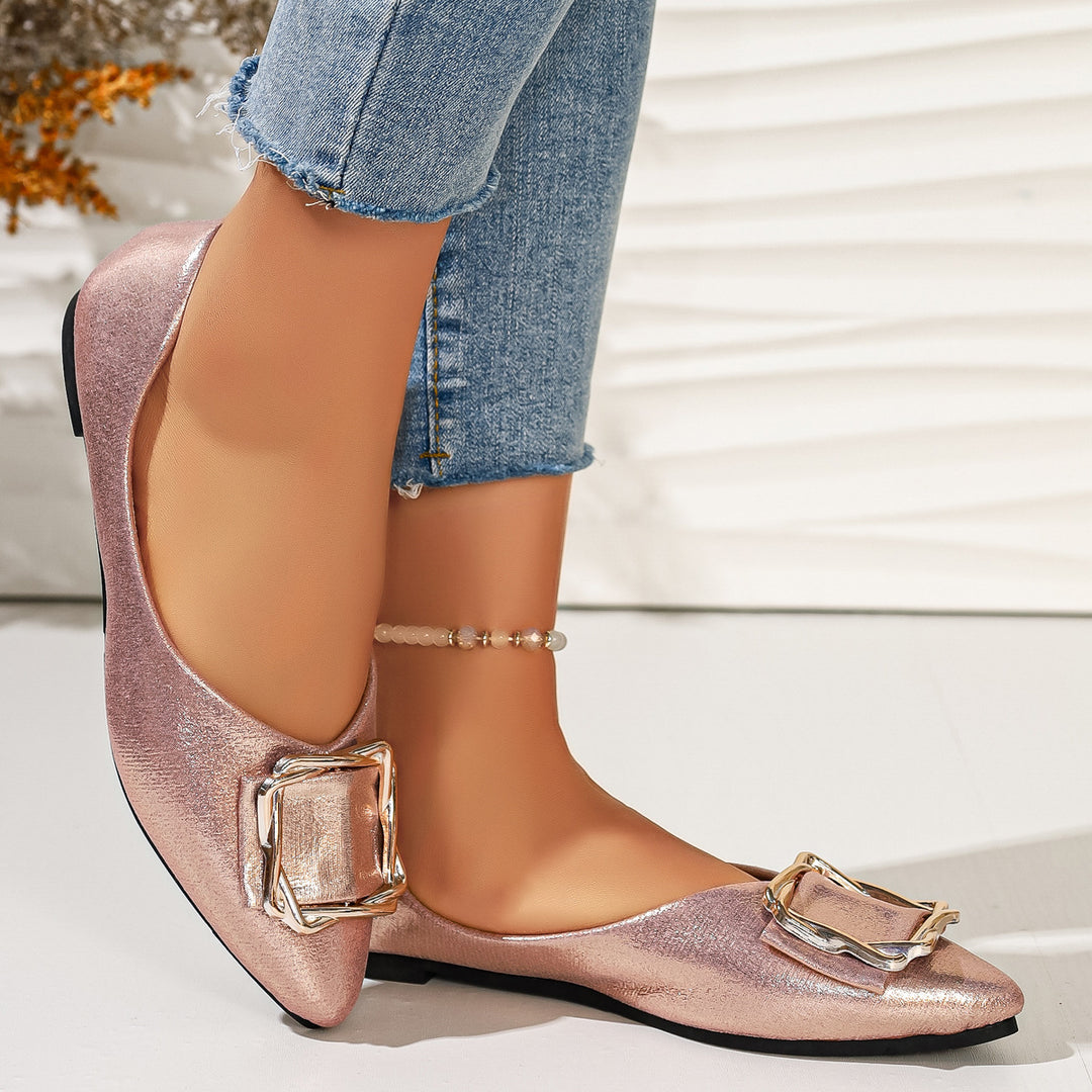Silver Metallic Pointed Toe Buckle Flats