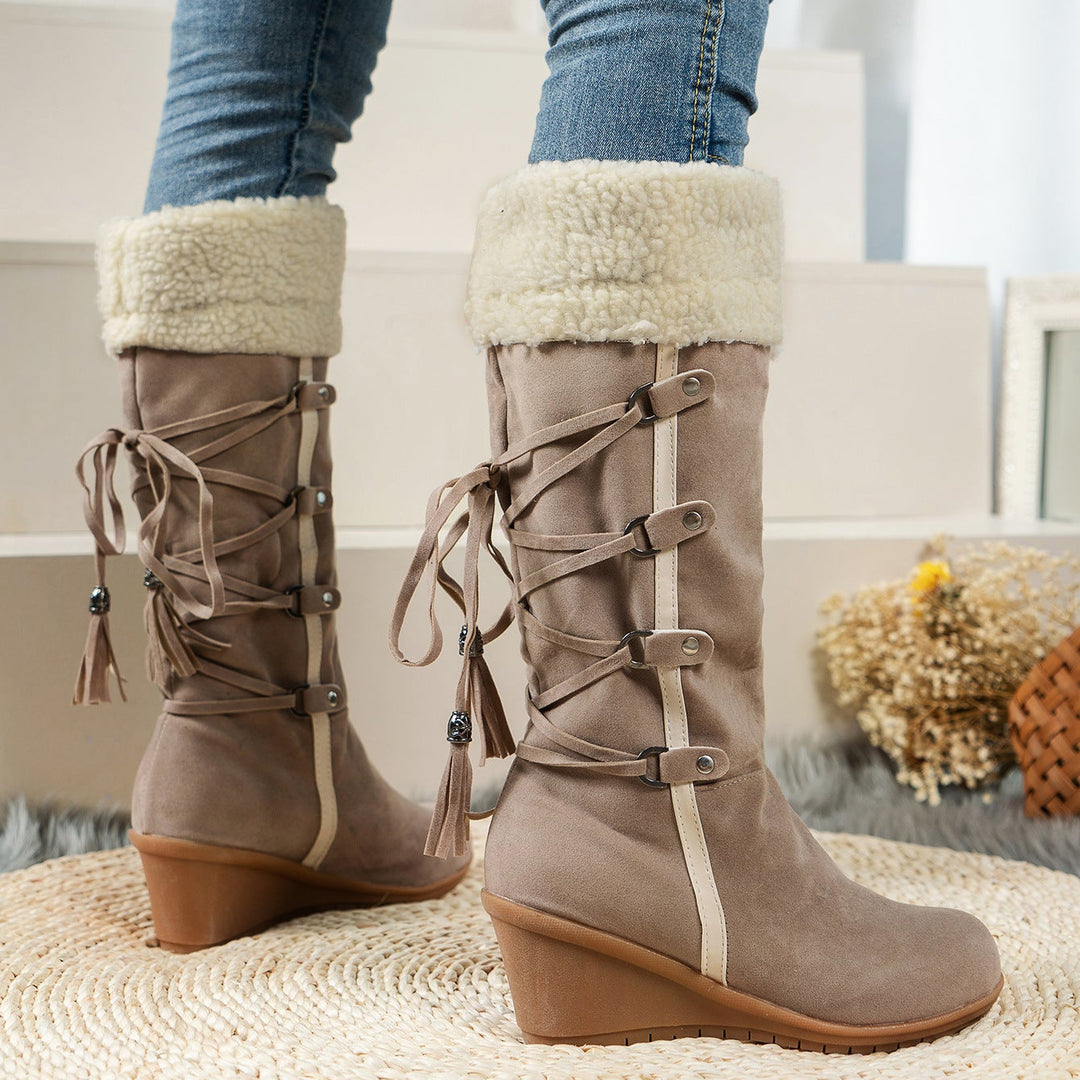 Brown Faux Suede Faux Fur Cuff Wedge Boots