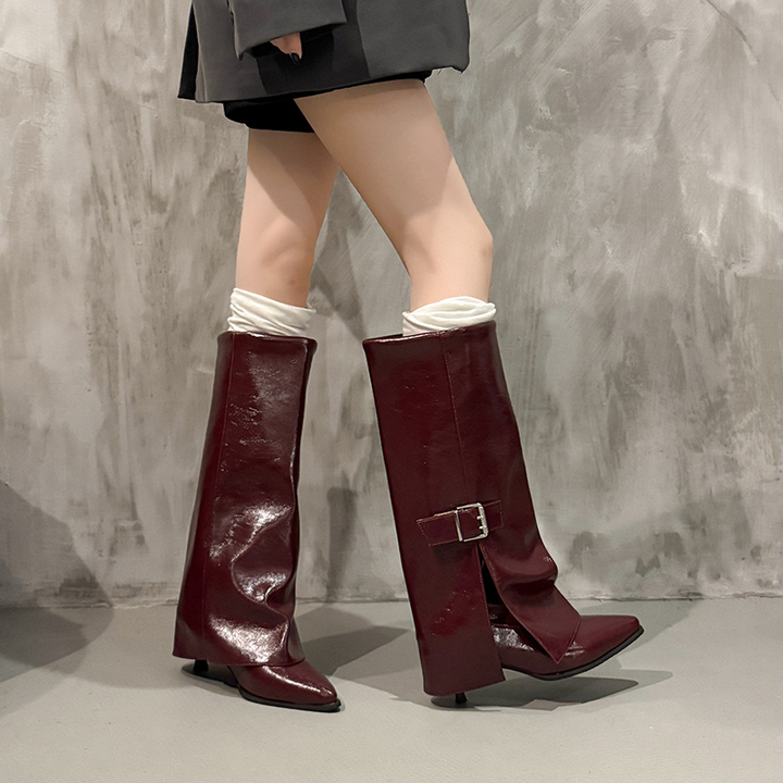 Vintage Buckle Pointed Toe Knee-High Boots