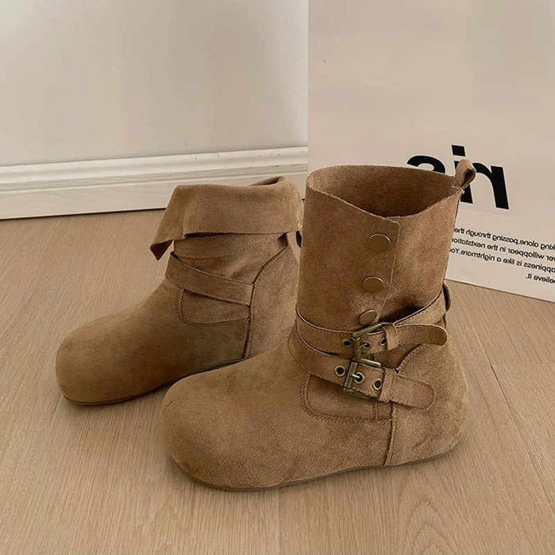 Fold Over Suede Flat Ankle Boots