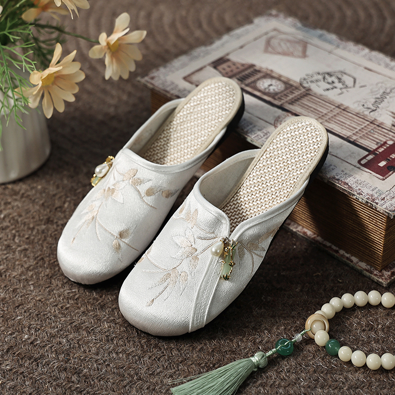 Embroidered Pearl Slip-On Mules